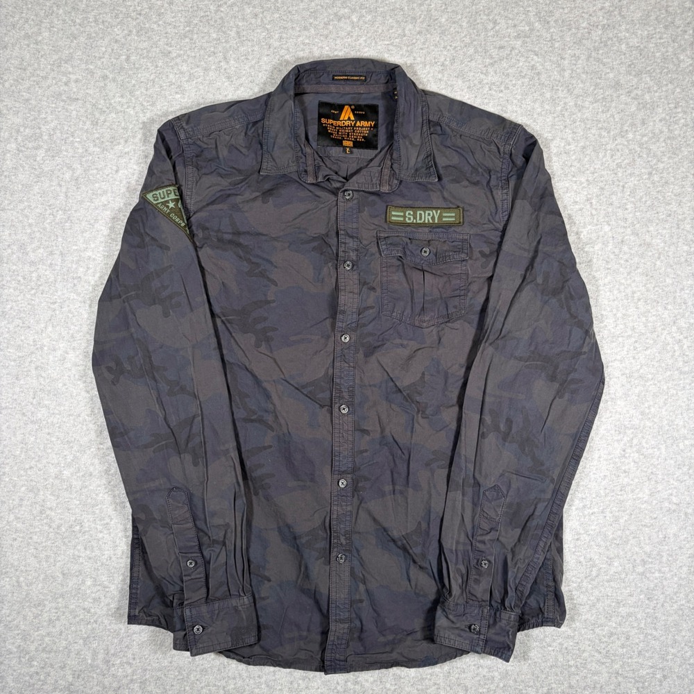 Superdry Button Up Shirt Mens Large Blue Camo Army Corps Military Long Sleeve